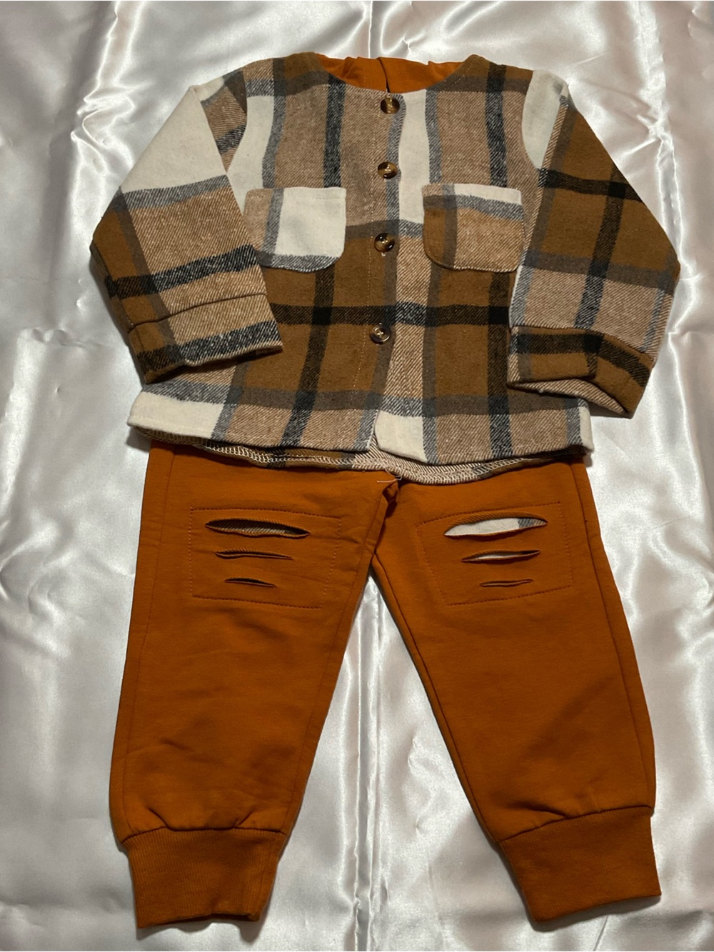 Kids Two-Piece Plaid Jacket & Rust Jogger Matching Set